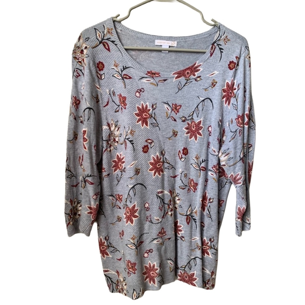 WESTPORT Women’s Gray Floral Print 3/4 Sleeve Sweater